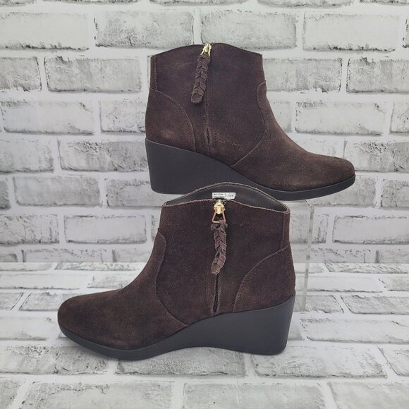 Crocs Brown Suede Wedge Heel Ankle Booties Zip Closure Women's Size 11 - Picture 3 of 8